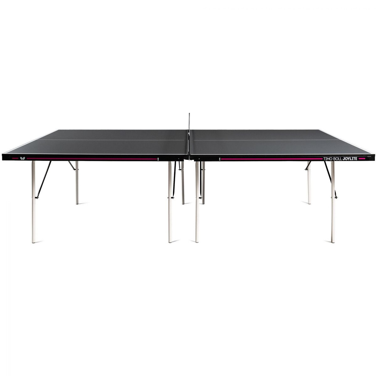 Here's the side profile of the Butterfly Timo Boll Joylite Indoor ping pong table. Here the winged Butterfly logo and the name of the table printed in white on the side with a horizontal pink stripe.